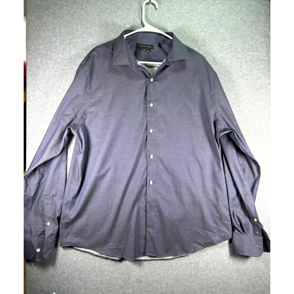 Tommy Hilfiger Dress Shirt Mens XL 17.5 36-37 Blue Regular Fit THFlex Stretch
